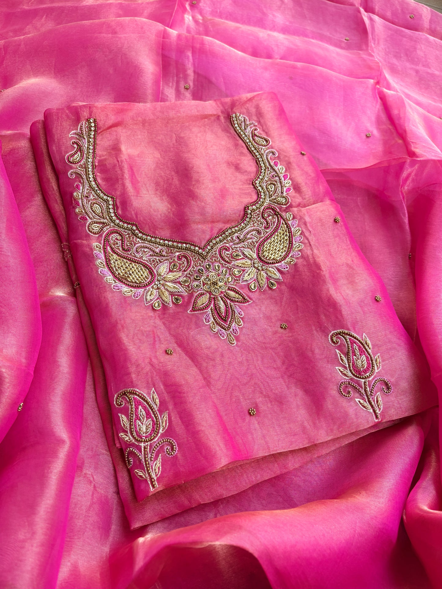 Pink tissue hand embroidered pure silk suit set