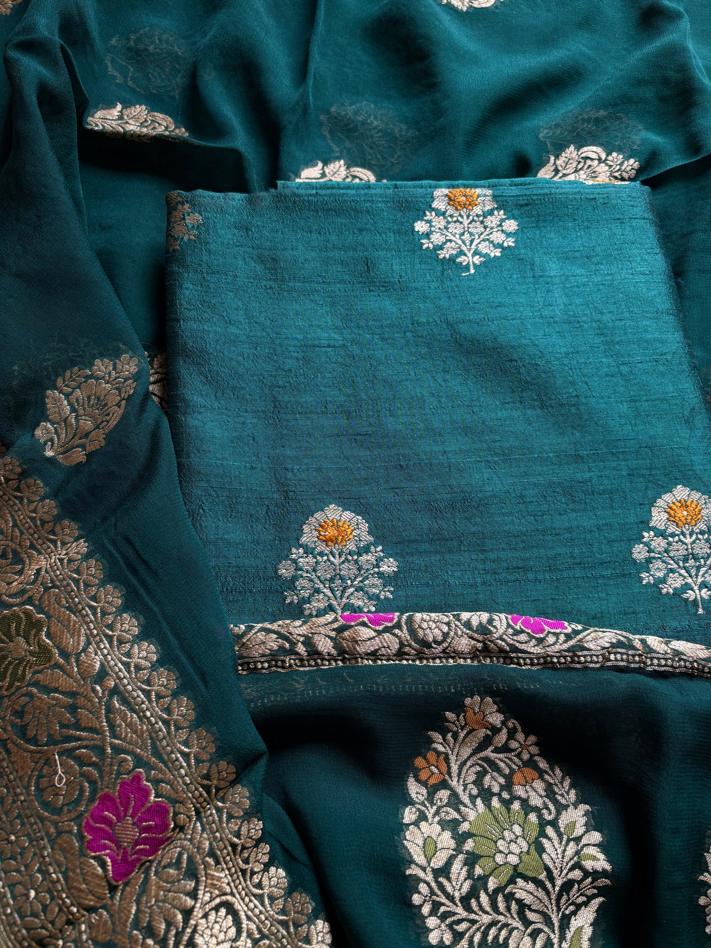 Green raw silk meenadar Kurta, bottom , Khaddi georgette dupatta