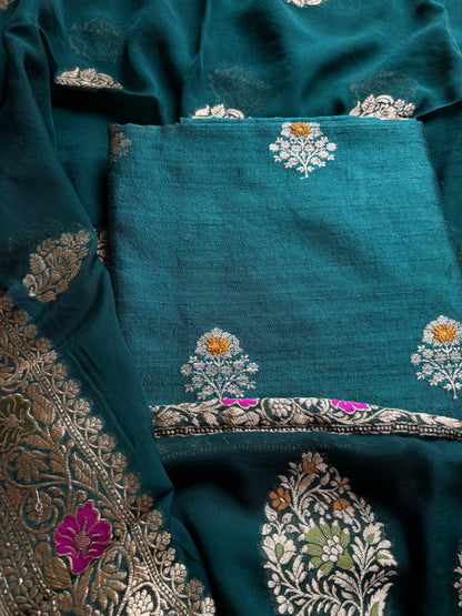 Green raw silk meenadar Kurta, bottom , Khaddi georgette dupatta