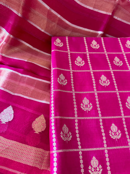 Pink chiniya katan silk suit, kora tissue dupatta, plain bottom