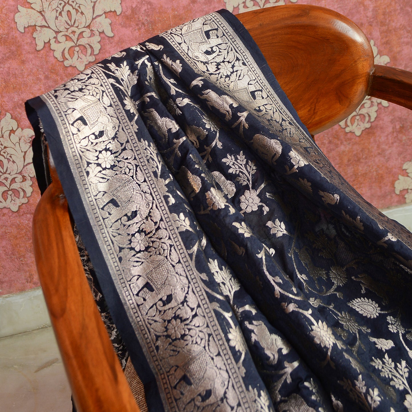 Blue silk shikargah dupatta