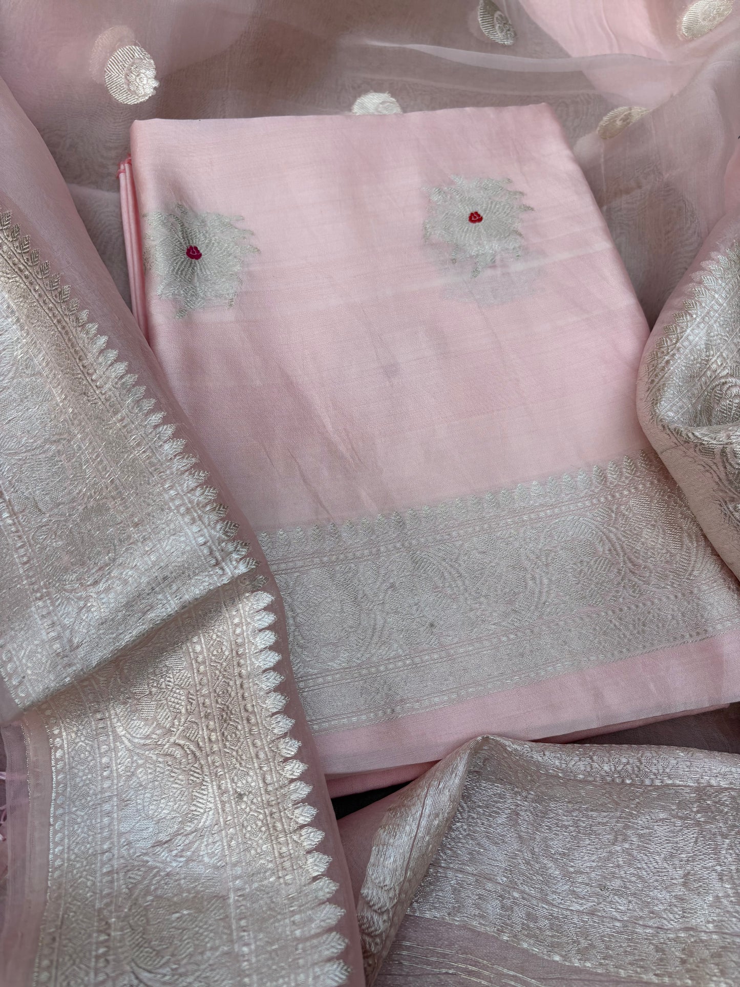 Pink Chiniya silk  silver zari 3 piece suit set