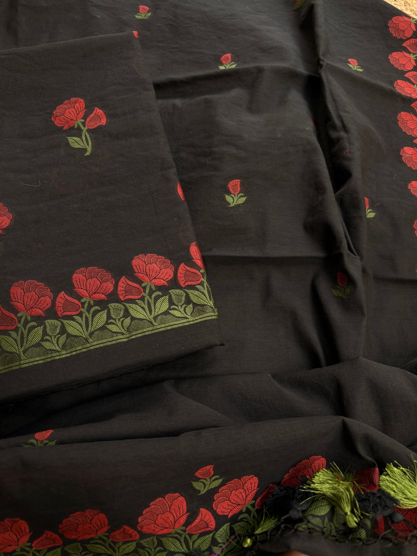 Black Chanderi flower weaving suit set