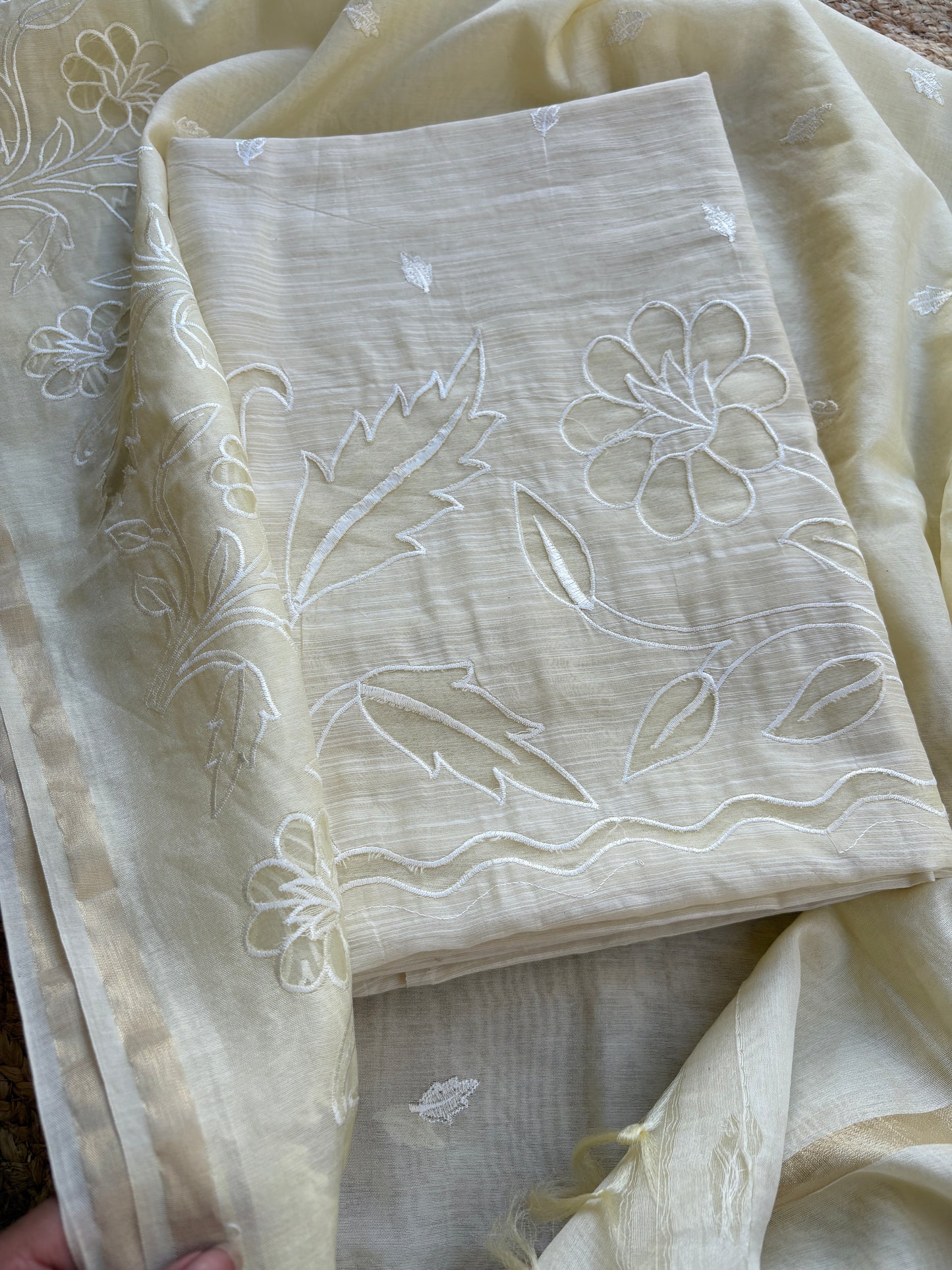 White appliqué mulchanderi  suit set