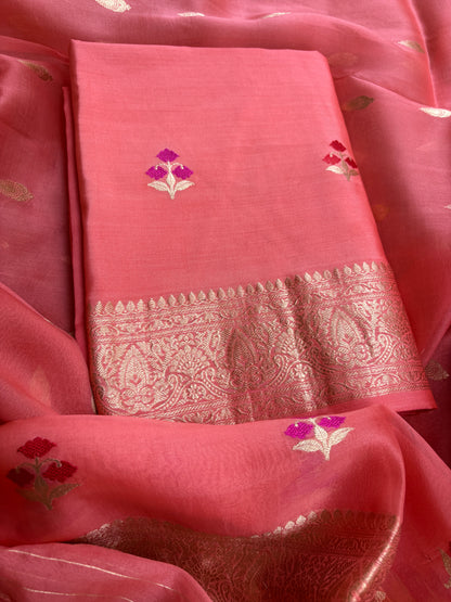 Peach Chiniya kora silk suit ( hand brushed border)