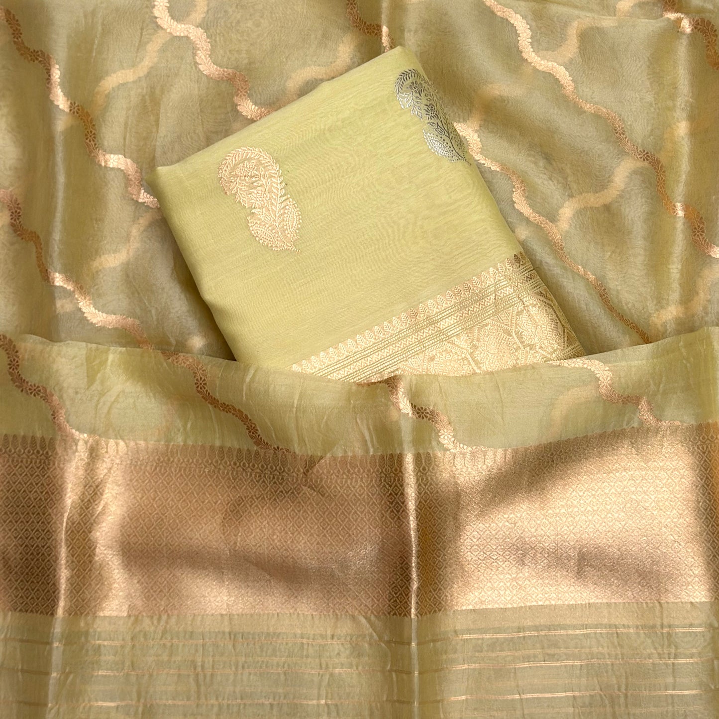 Lime yellow handloom silk suit set with kora silk dupatta