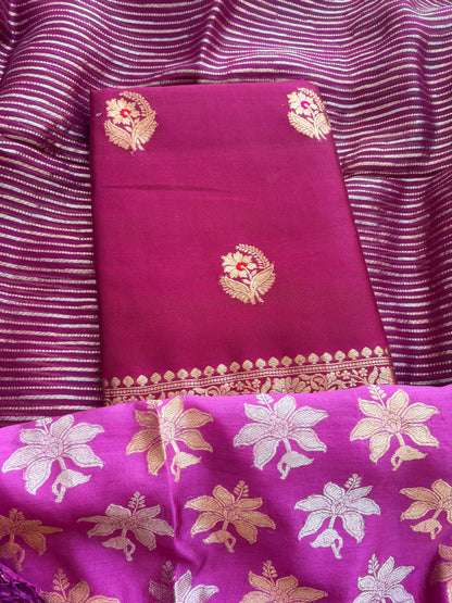 Wine Chiniya silk with stripes Sona rupa dupatta