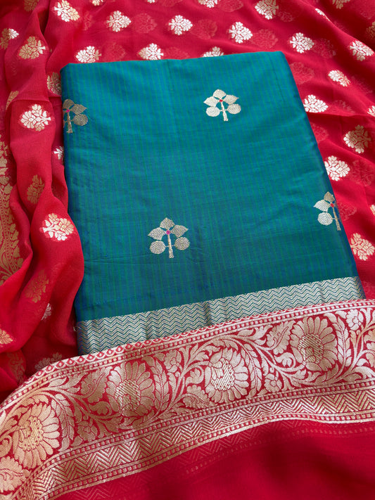 Blue katan by katan silk suit with Khaddi georgette dupatta