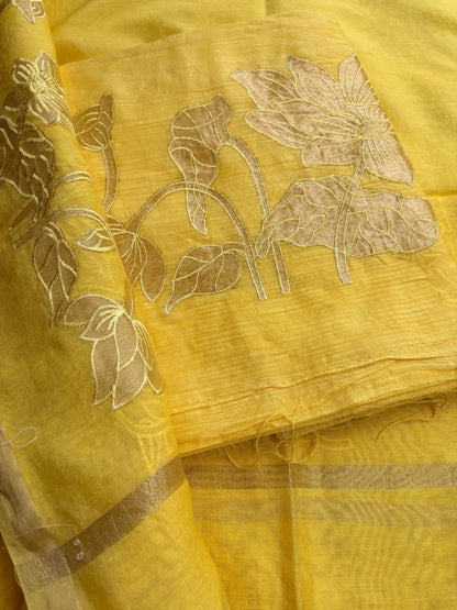 Yellow mul Chanderi appliqué work suit set