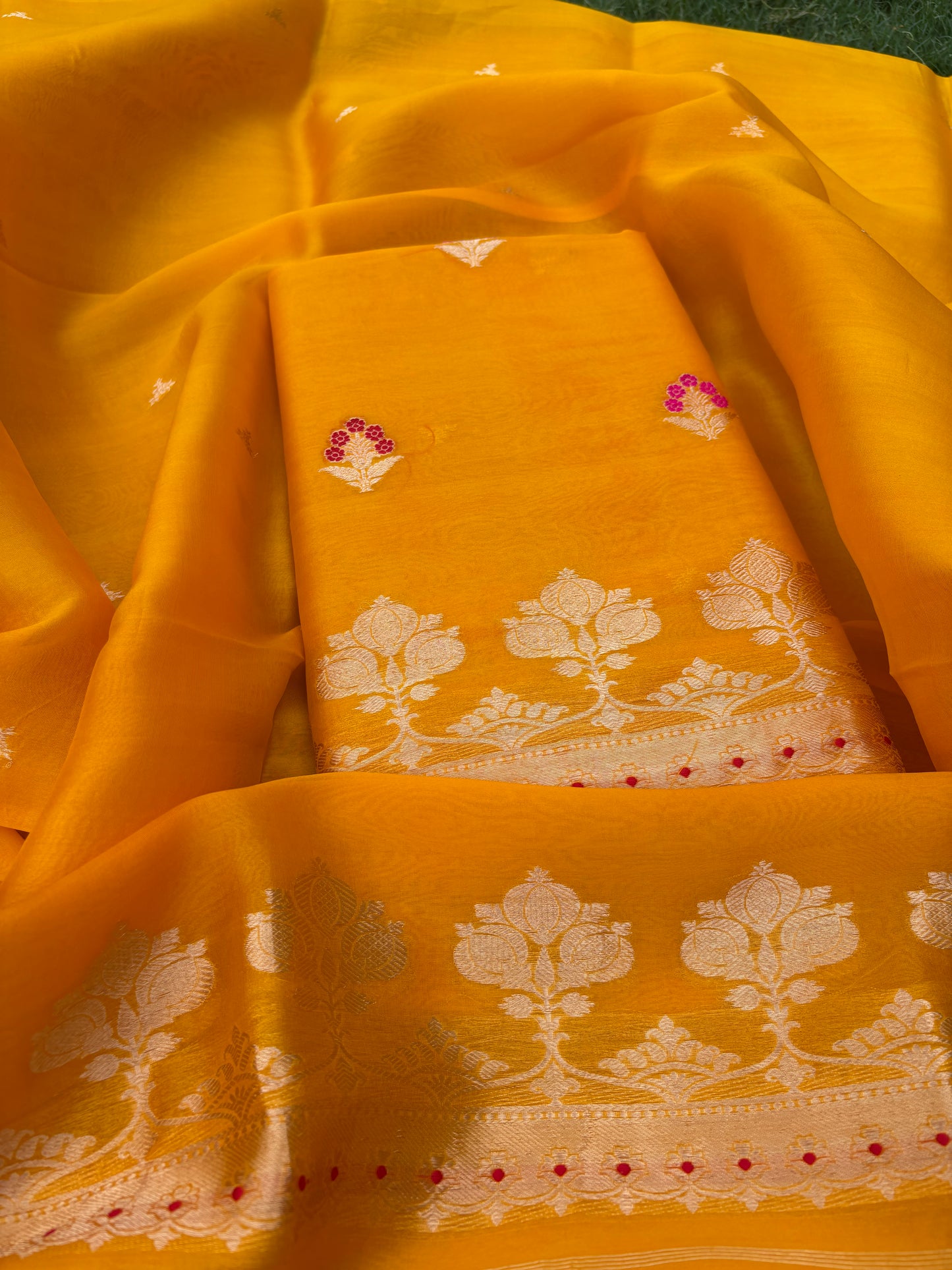 Yellow pure kadhwa silk  3 piece suit