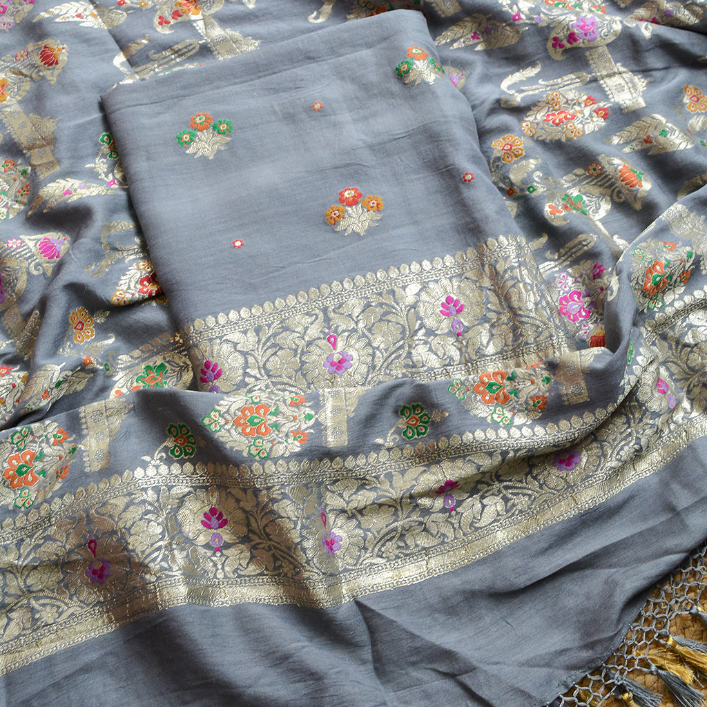 Grey moonga silk pure silk suit set