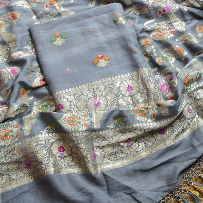 Grey moonga silk pure silk suit set