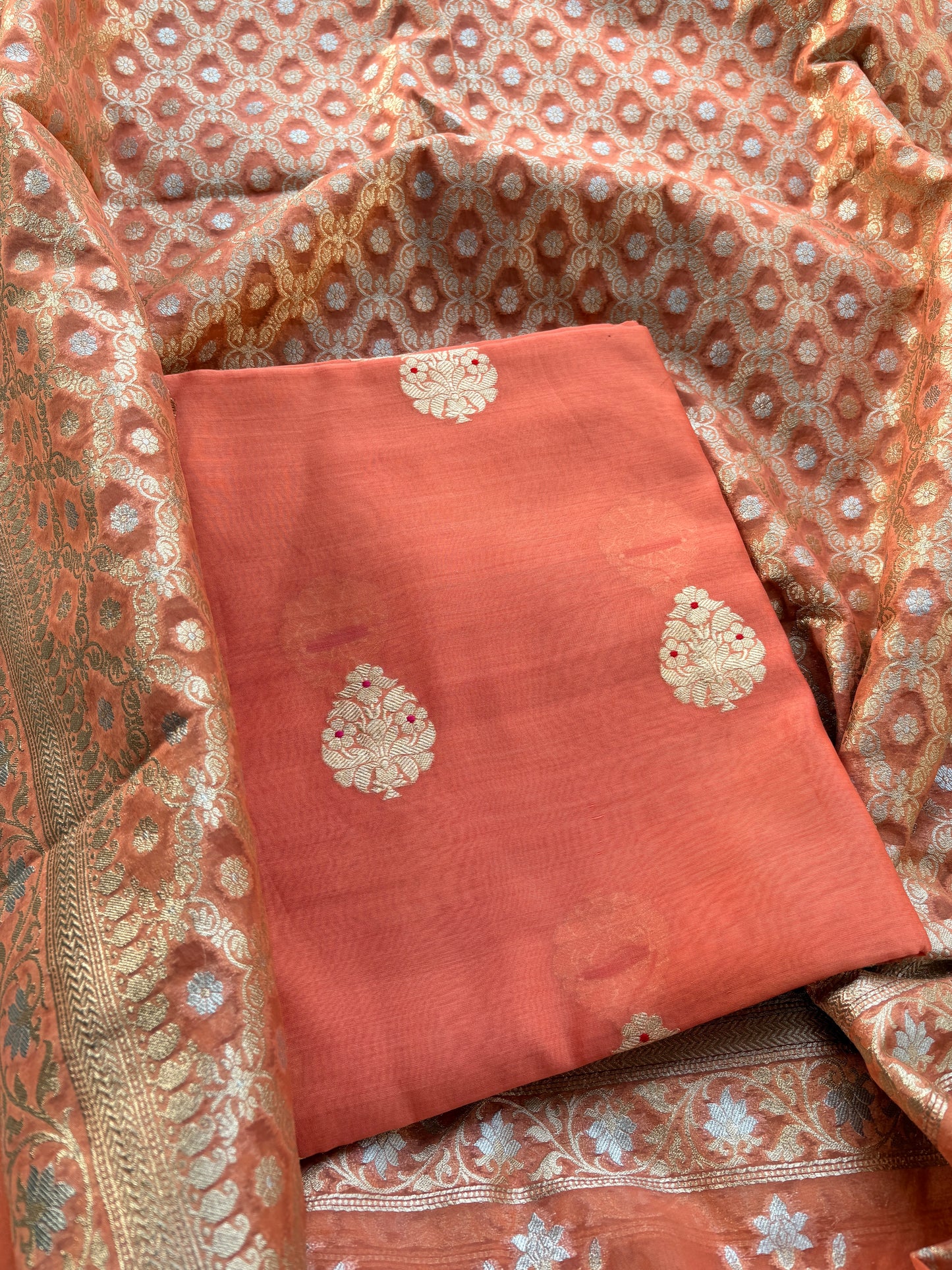 Rust handloom silk kurta and cutwork kora dupatta
