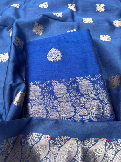 Blue raw silk kurta, bottom, Chiniya kora dupatta