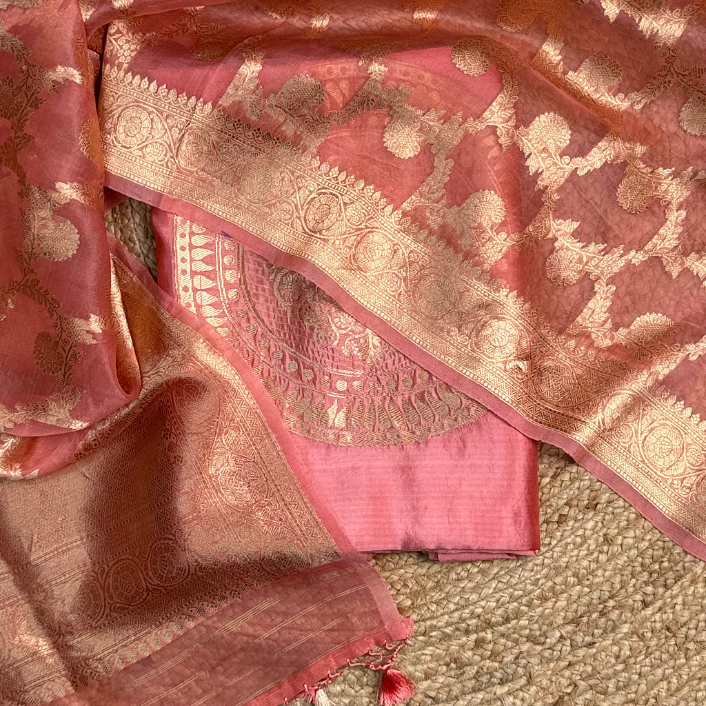 Peach mango silk suit with jaal dupatta