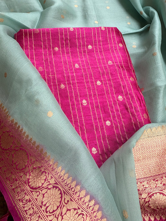 Pink raw silk kurta, bottom , kora shaded dupatta