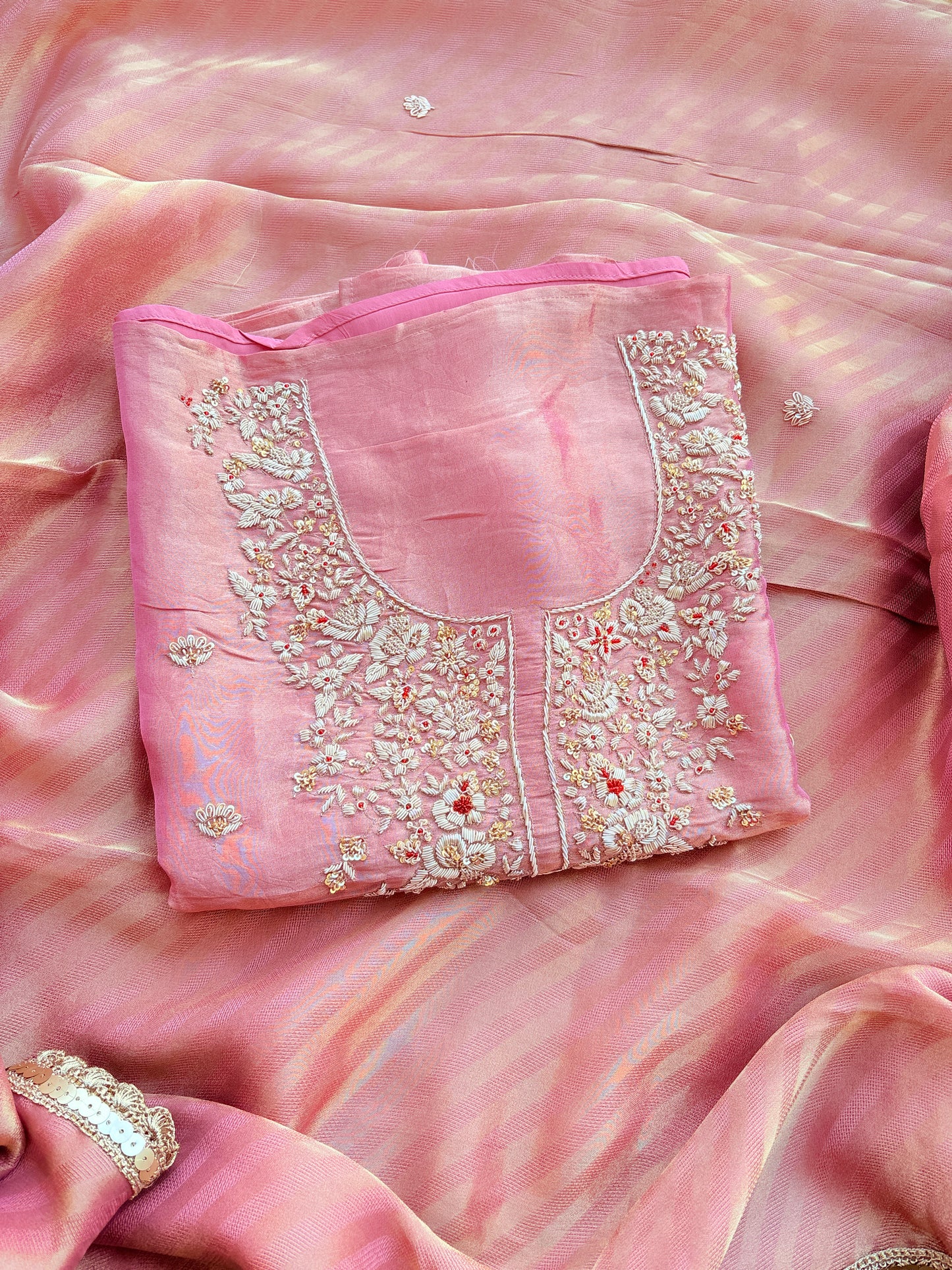 Pink tissue silk hand embroidery suit set
