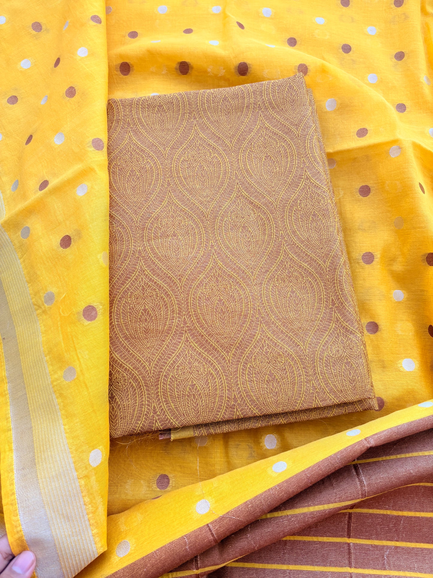 Yellow brocade cotton tissue suit set