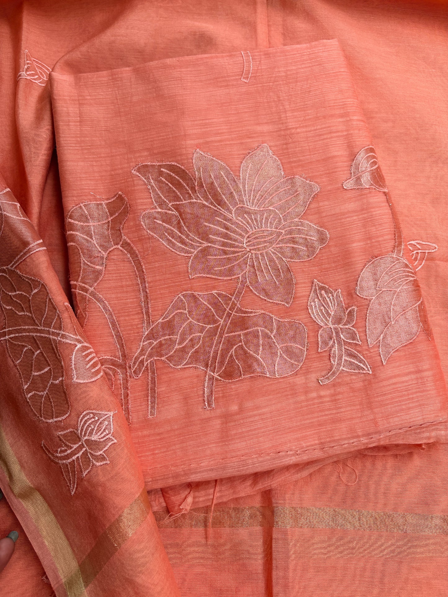 Peach appliqué work mul Chanderi suit set