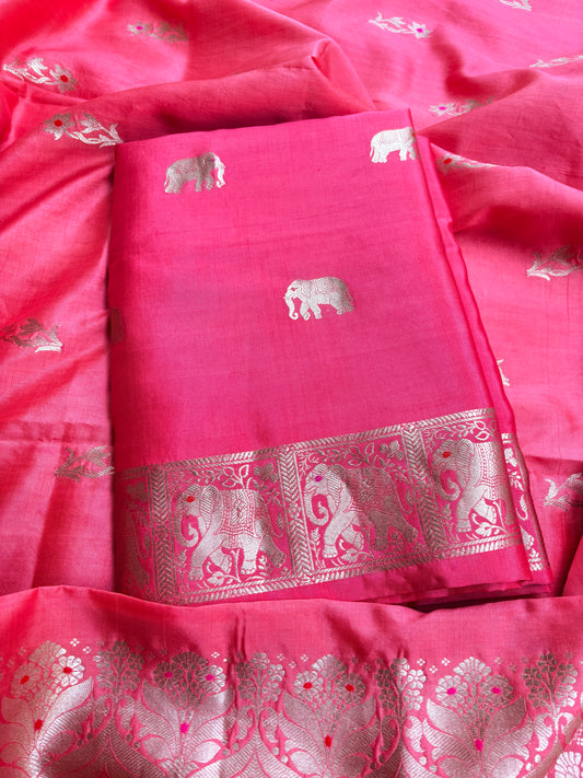 Pink pure silk kadhwa elephant motif suit set