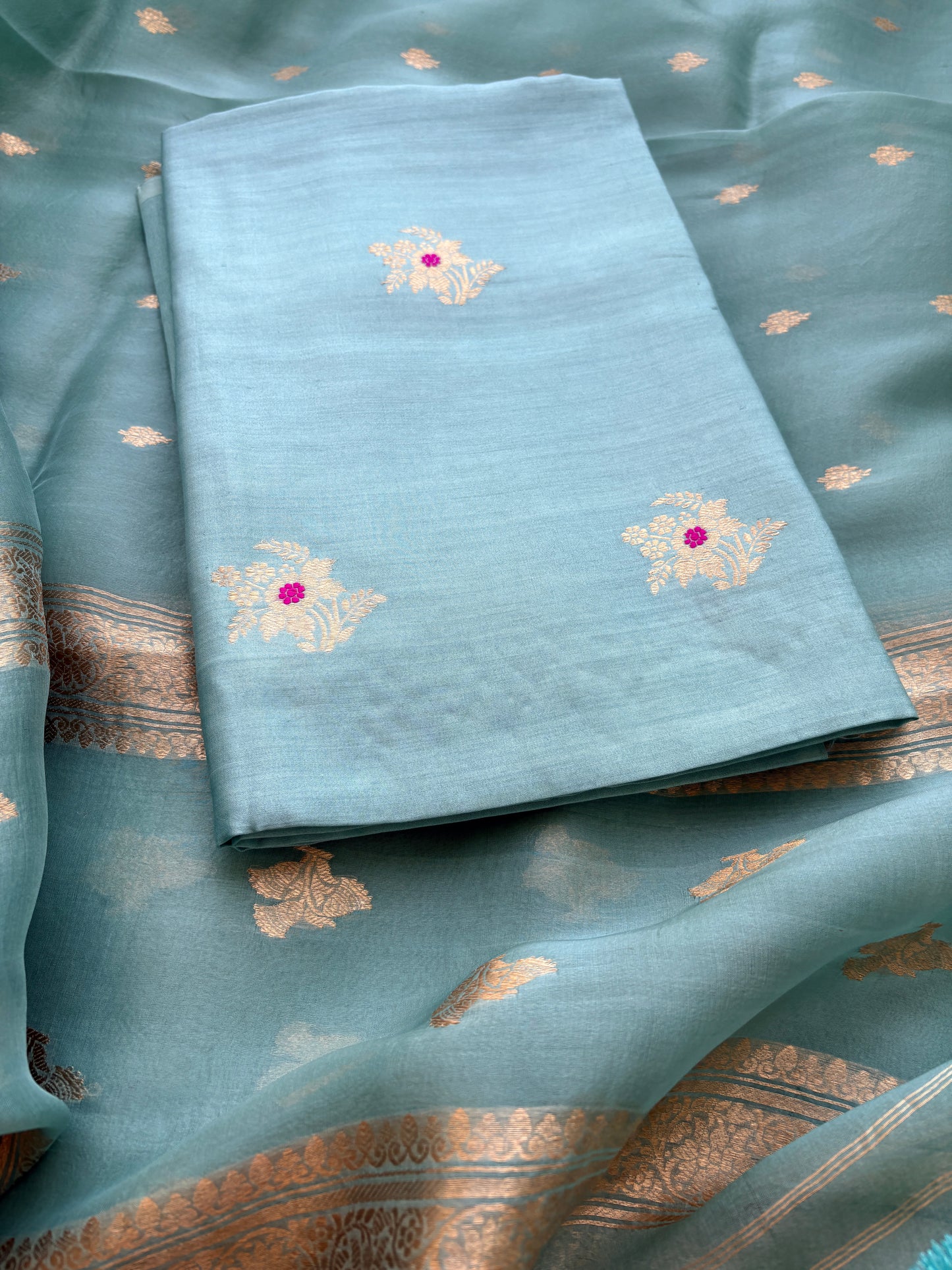 Blue Chiniya silk kora silk kadhwa suit set