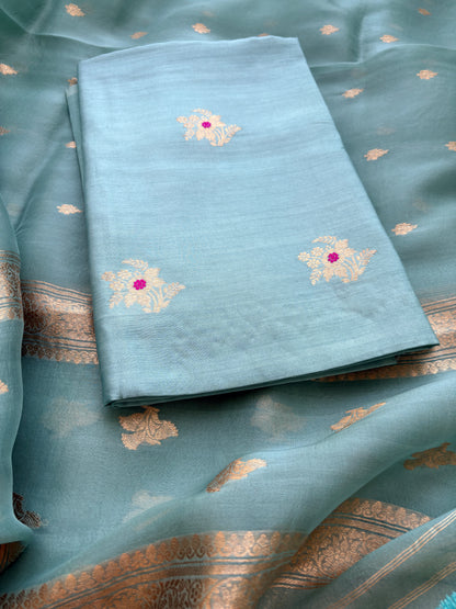 Blue Chiniya silk kora silk kadhwa suit set