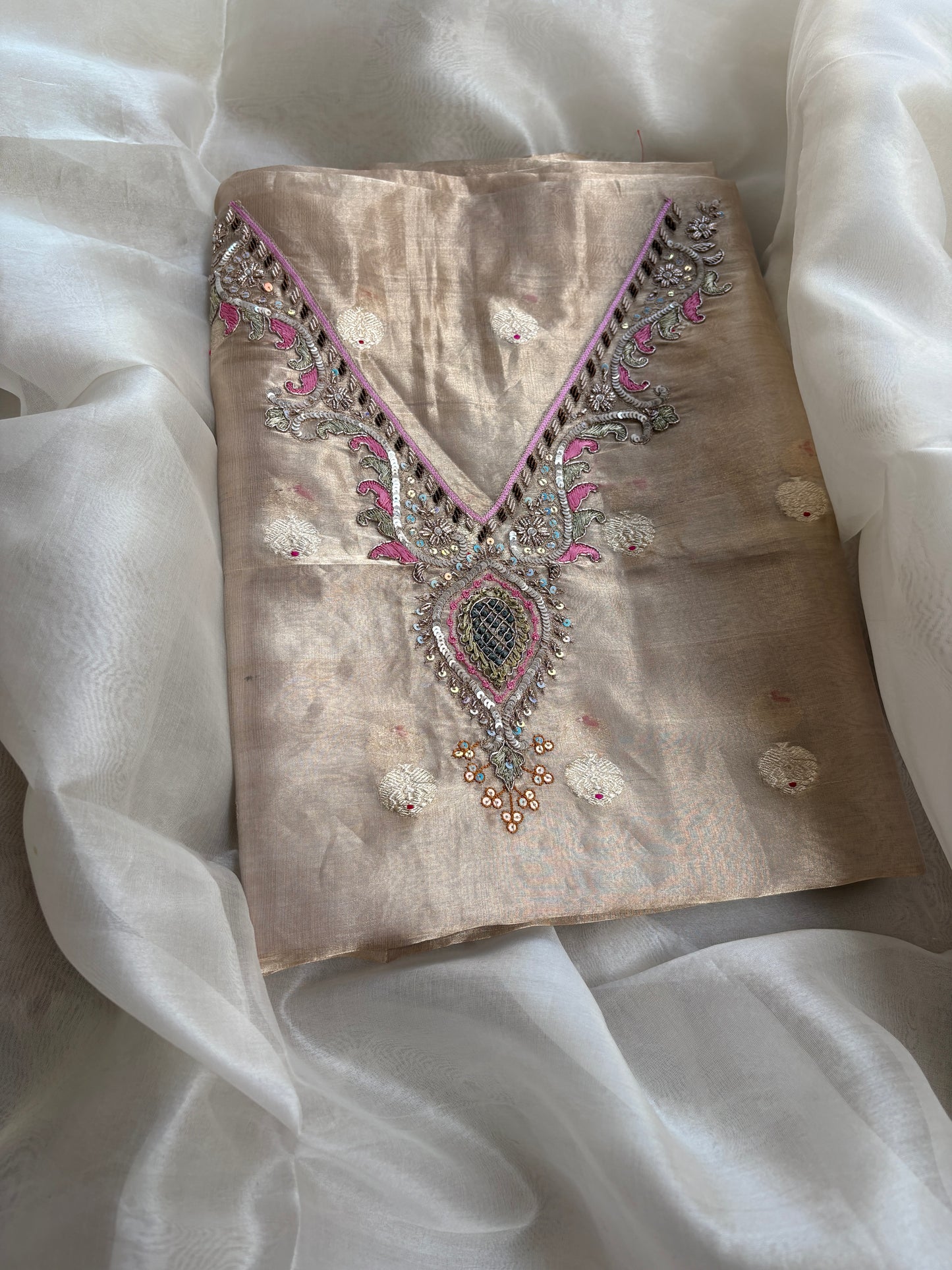 Tissue hand embroidered suit with kora embroidered dupatta