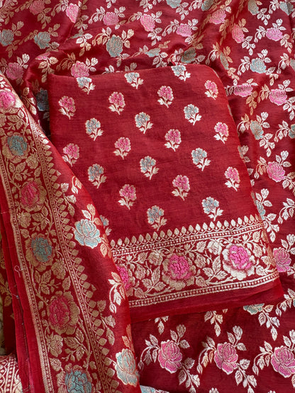Red jaal meenadar moonga silk suit set
