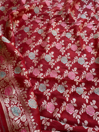 Red jaal meenadar moonga silk suit set