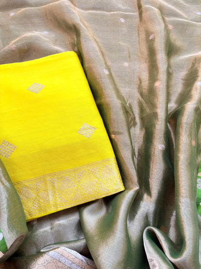 Yellow Chiniya silk with green tissue dupatta