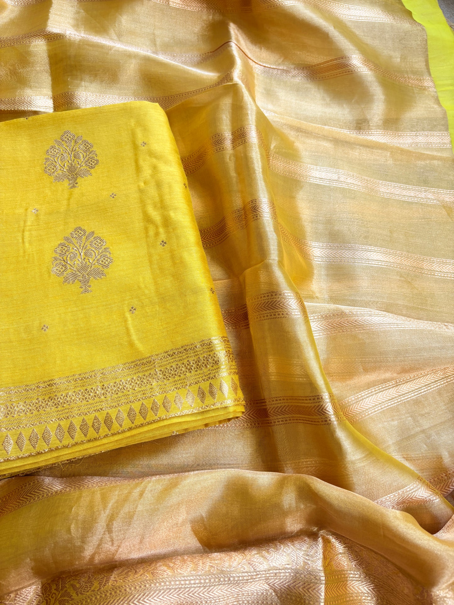 Lime yellow moonga silk kurta, bottom and tissue kadhwa dupatta