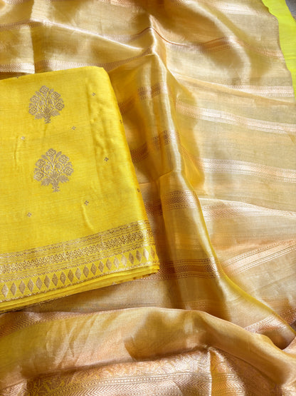 Lime yellow moonga silk kurta, bottom and tissue kadhwa dupatta