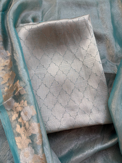 Blue pure tissue brocade silk suit set