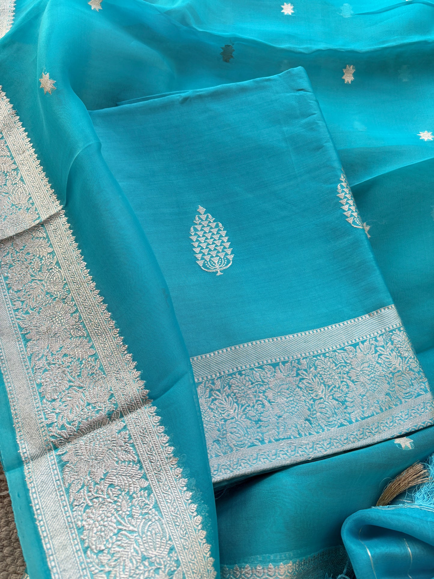 Blue Chiniya Kora silk silver zari suit set
