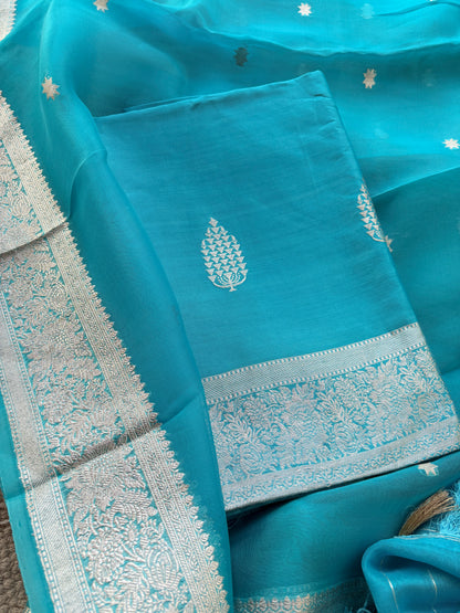 Blue Chiniya Kora silk silver zari suit set