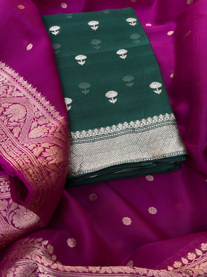 Green kora kadhwa kurta, magenta dupatta, silk bottom