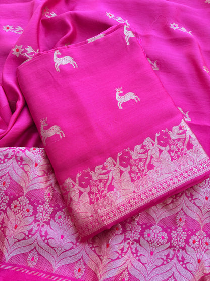 Pink Chiniya silk kadhwa figure design suit set