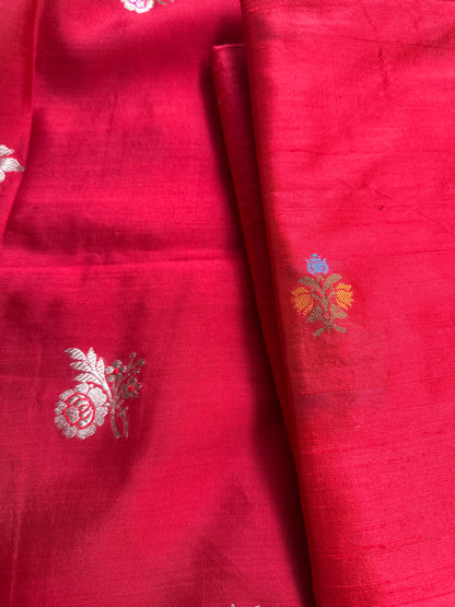 Red raw silk meenadar kurta, chiniya silk dupatta, plain raw silk bottom.