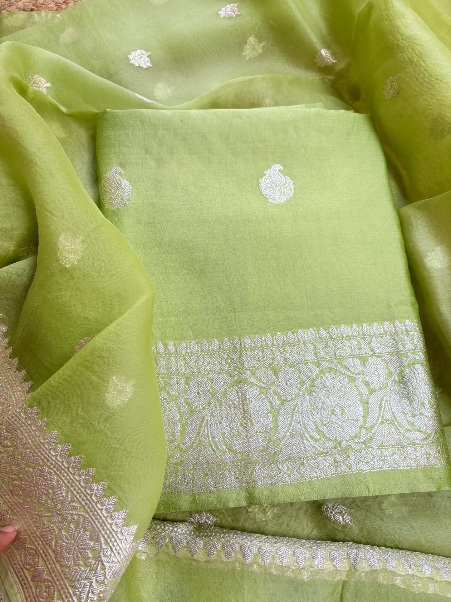 Lime green Chiniya kora silver zari suit set