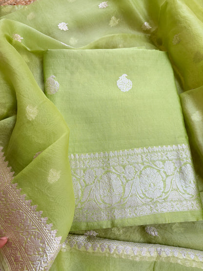 Lime green Chiniya kora silver zari suit set