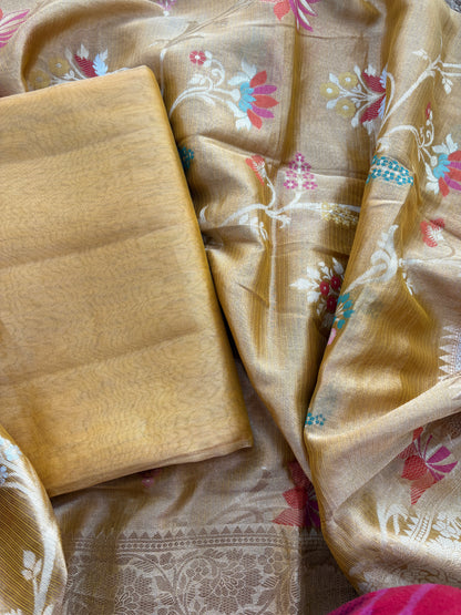 Yellow tissue suit with Kota tissue tilfi dupatta