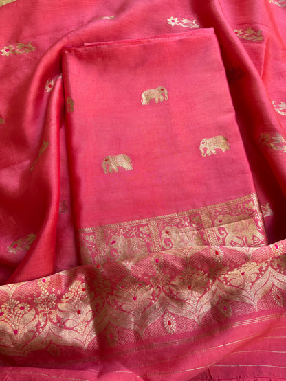 Pink Chiniya elephant motif kadhwa suit set