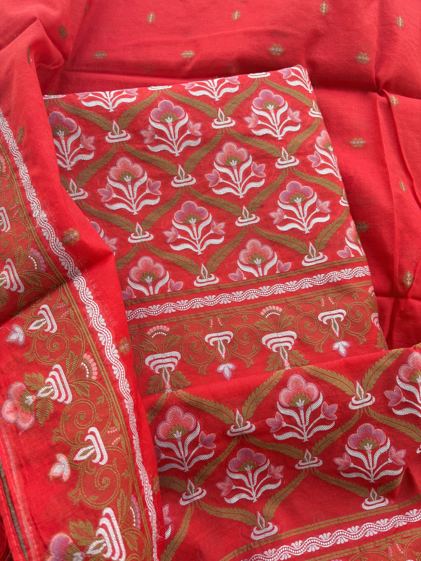 Red Chanderi brocade weaving suit set
