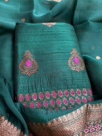 Green raw silk kadhwa suit set