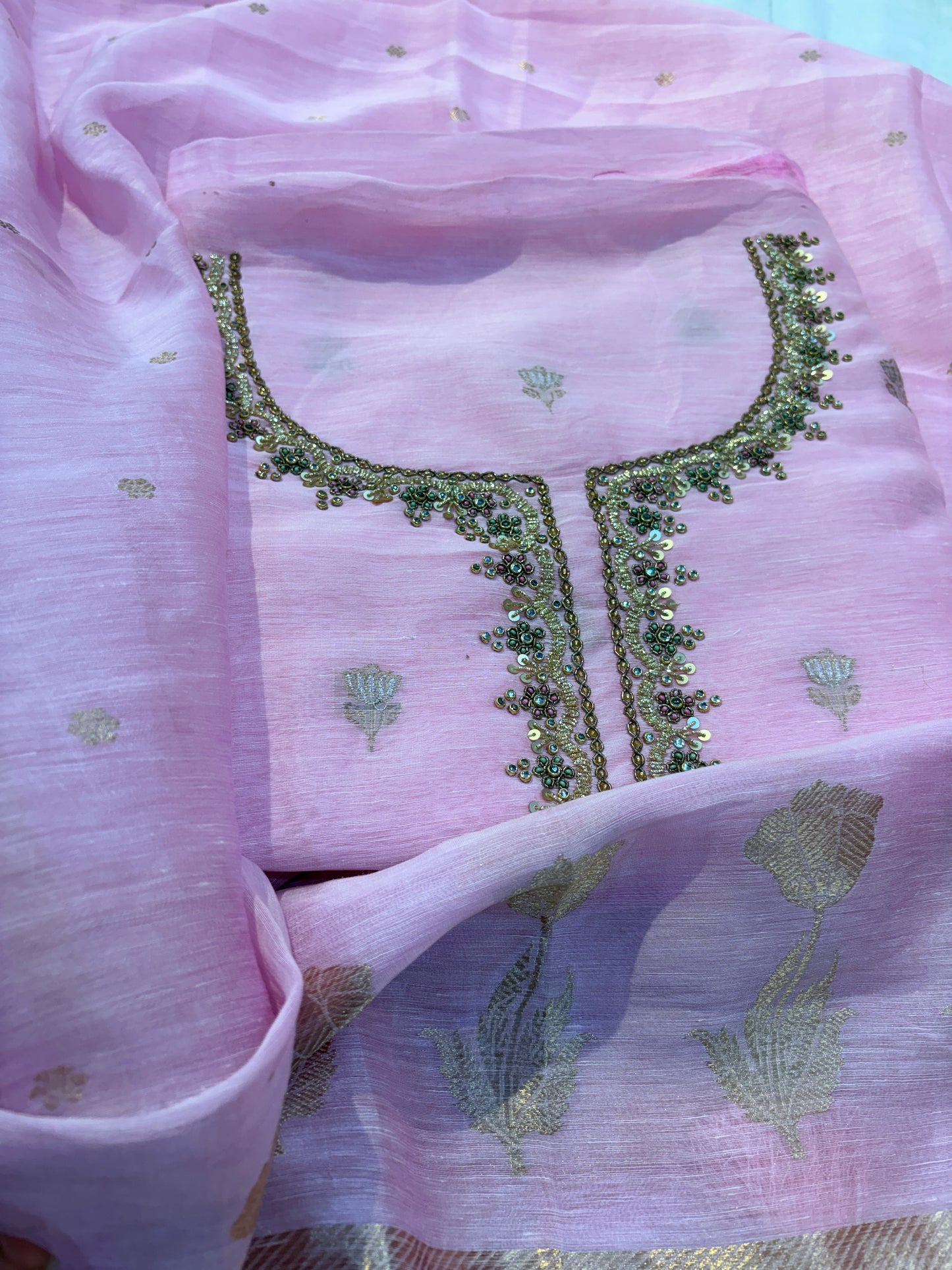 Pink linen suit hand work suit set