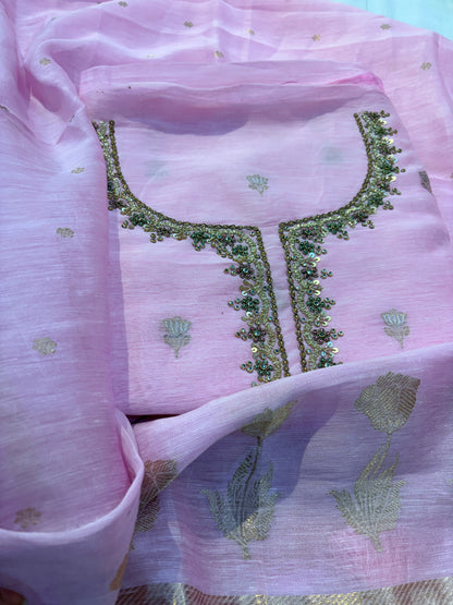 Pink linen suit hand work suit set