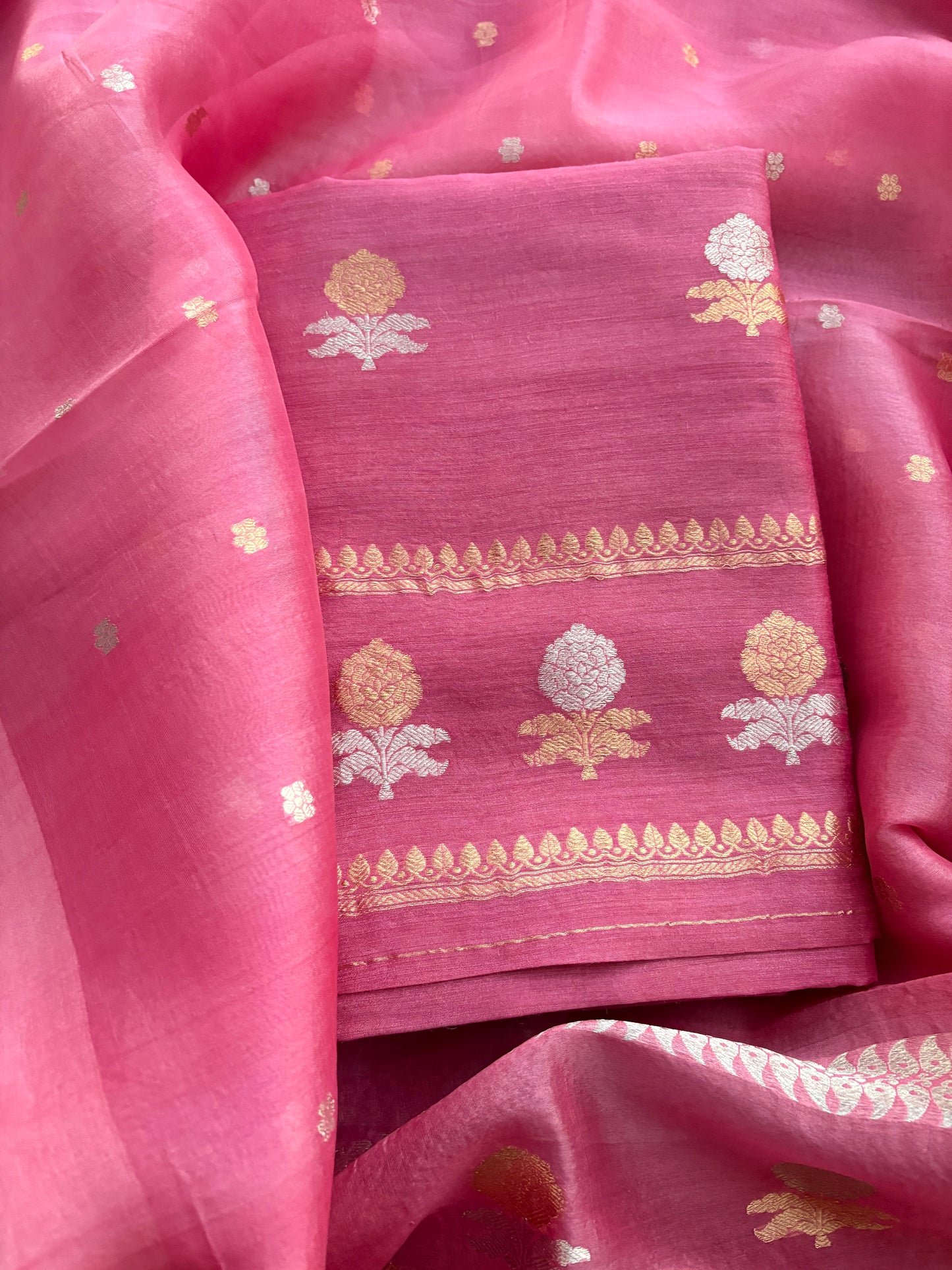 Pink moonga silk kurta , bottom and kora silk dupatta