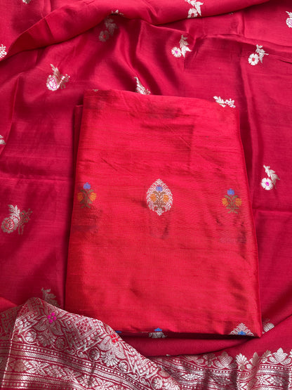 Red raw silk meenadar kurta, chiniya silk dupatta, plain raw silk bottom.