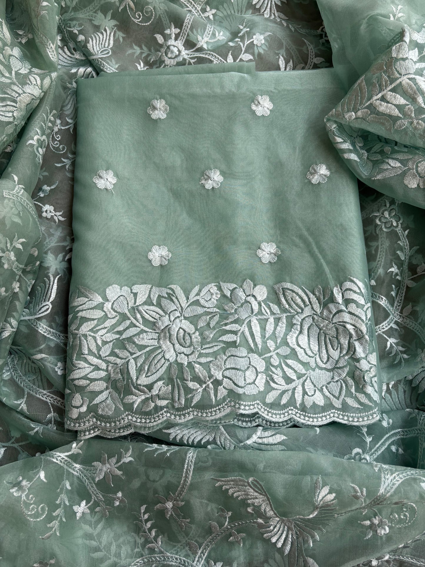 Green kora embroidered 3 piece suit set