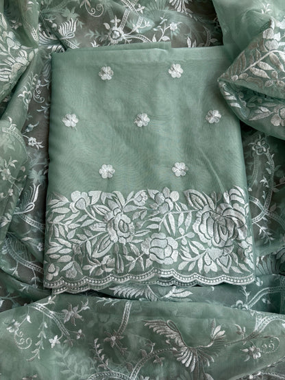 Green kora embroidered 3 piece suit set